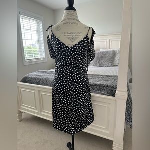 M Boutique | Satin Silky Polka Dot Cold Shoulder Flutter Dress - Black